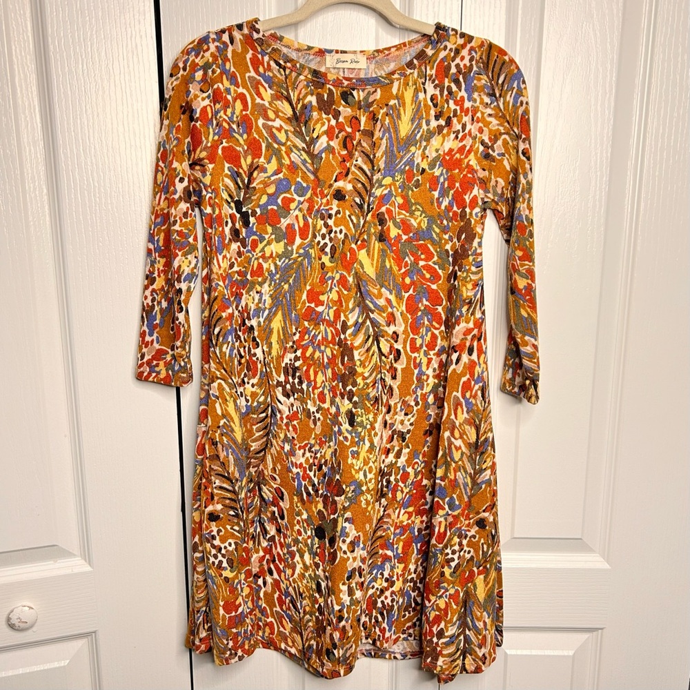 Beeson River Womens Floral Sweater‎ Long Sleeve Mini Knit Dress Small Pockets